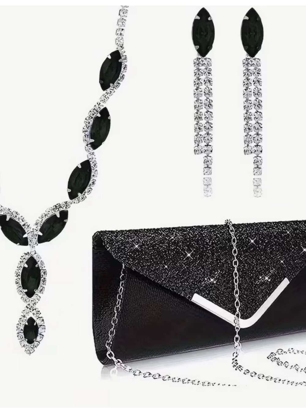 Source Unknown Black Glitter Envelope Clutch with Silver Chain